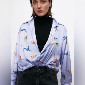 Lilac Satin Silky Greyhound Dog Print Shirt (Zara Medium) - Tags on!!